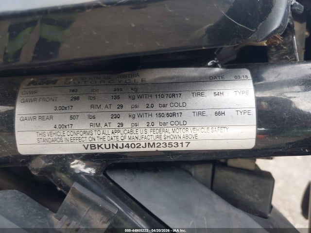 Продаж на аукціоні авто 2018 Husqvarna Svartpilen 401, vin: VBKUNJ402JM235317, номер лоту: 44905222