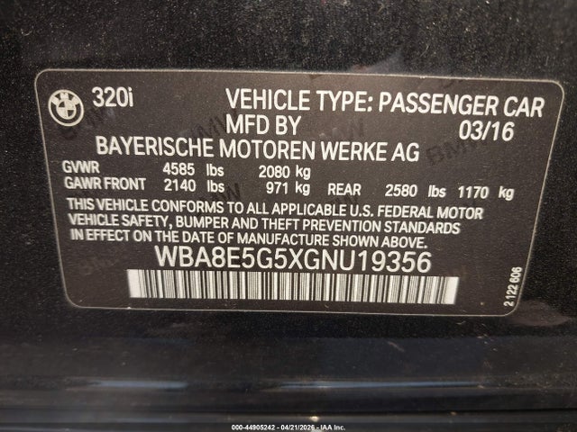 Aukcja sprzedaży 2016 Bmw 320i Xdrive, vin: WBA8E5G5XGNU19356, numer aukcji: 44905242