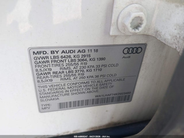 44905247 :رقم المزاد ، WA1LHAF74KD023450 vin ، 2019 Audi Q7 45 Premium/45 Se Premium مزاد بيع