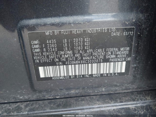 2012 Subaru Legacy 2.5i Limited მანქანა იყიდება აუქციონზე, vin: 4S3BMBK66C3032075, აუქციონის ნომერი: 44905254