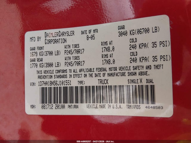 2006 Dodge Ram 1500 Slt მანქანა იყიდება აუქციონზე, vin: 1D7HA18N56J101551, აუქციონის ნომერი: 44905257