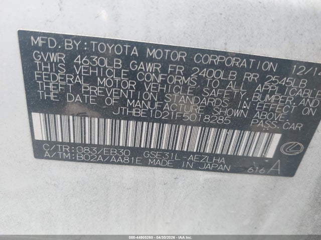 Aukcja sprzedaży 2015 Lexus Is 350, vin: JTHBE1D21F5018285, numer aukcji: 44905260