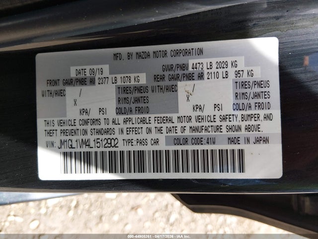 Продаж на аукціоні авто 2020 Mazda Mazda6 Touring, vin: JM1GL1VM4L1512902, номер лоту: 44905261