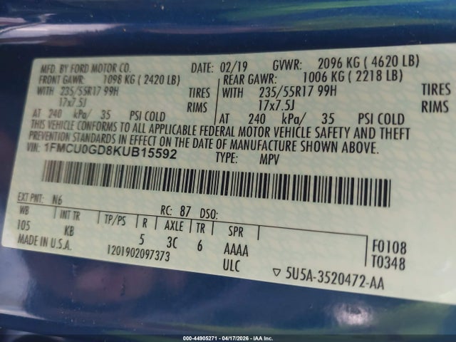 Aukcja sprzedaży 2019 Ford Escape Se, vin: 1FMCU0GD8KUB15592, numer aukcji: 44905271