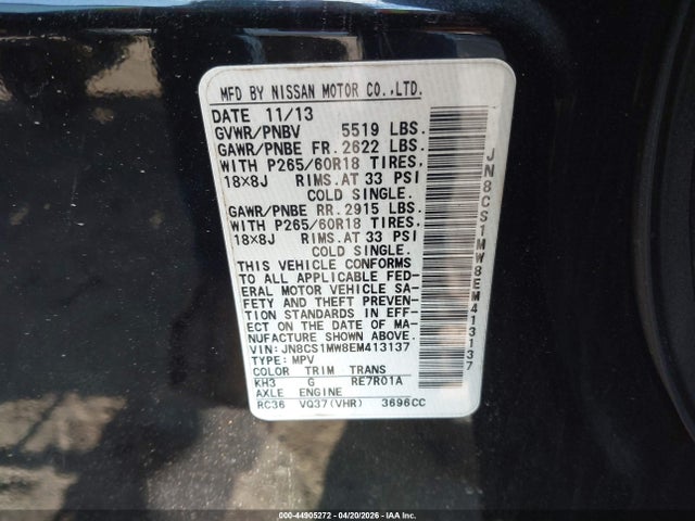 44905272 :رقم المزاد ، JN8CS1MW8EM413137 vin ، 2014 Infiniti Qx70 مزاد بيع