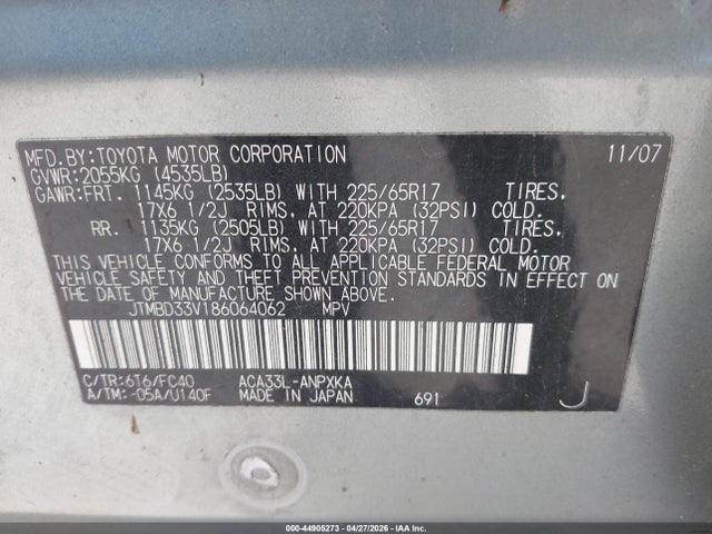 Продажа на аукционе авто 2008 Toyota Rav4, vin: JTMBD33V186064062, номер лота: 44905273