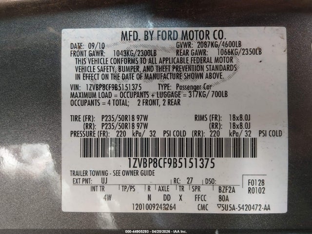 Aukcja sprzedaży 2011 Ford Mustang Gt Premium, vin: 1ZVBP8CF9B5151375, numer aukcji: 44905293