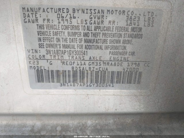Aukcja sprzedaży 2016 Nissan Sentra S, vin: 3N1AB7AP1GY300541, numer aukcji: 44905298