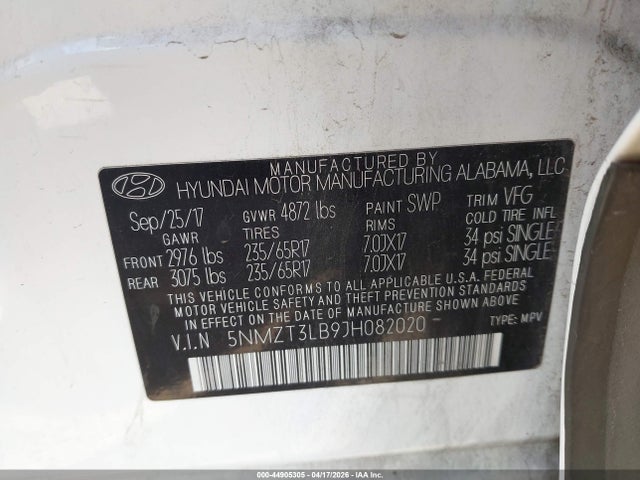 5NMZT3LB9JH082020 Hyundai Santa Fe Sport 2.4l