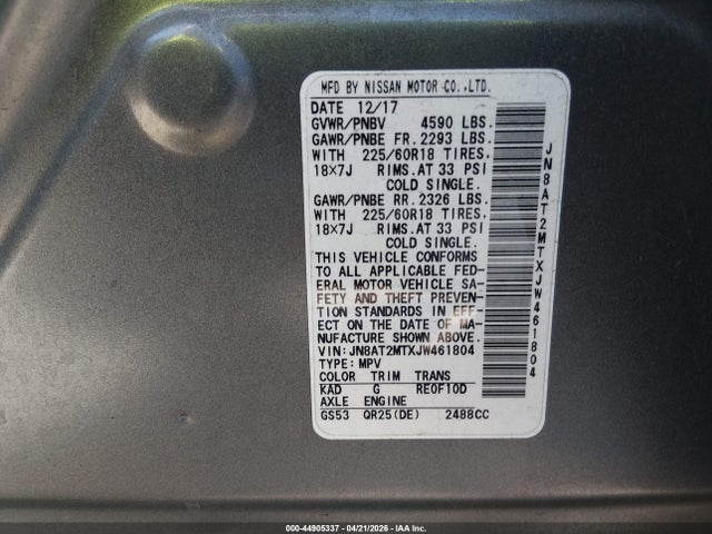 2018 Nissan Rogue Sl მანქანა იყიდება აუქციონზე, vin: JN8AT2MTXJW461804, აუქციონის ნომერი: 44905337