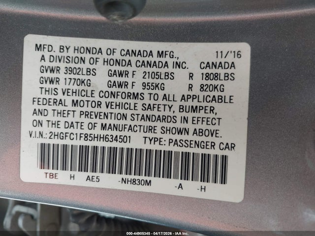 Продажа на аукционе авто 2017 Honda Civic Ex-l, vin: 2HGFC1F85HH634501, номер лота: 44905345