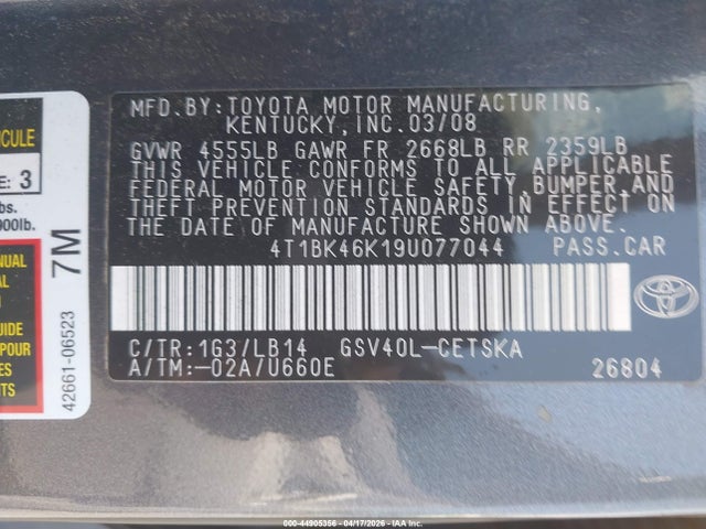 44905356 :رقم المزاد ، 4T1BK46K19U077044 vin ، 2009 Toyota Camry Se V6 مزاد بيع