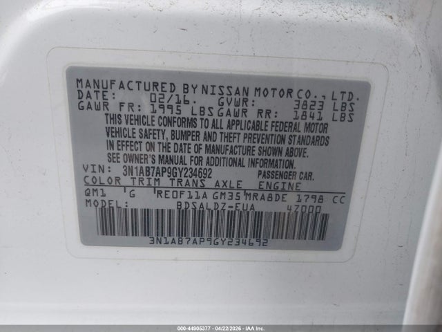 3N1AB7AP9GY234692 Nissan Sentra Fe+ S/s/sl/sr/sv