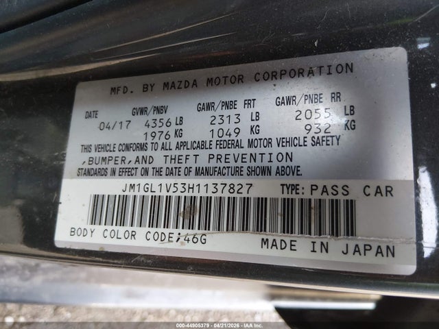 Aukcja sprzedaży 2017 Mazda Mazda6 Touring, vin: JM1GL1V53H1137827, numer aukcji: 44905379