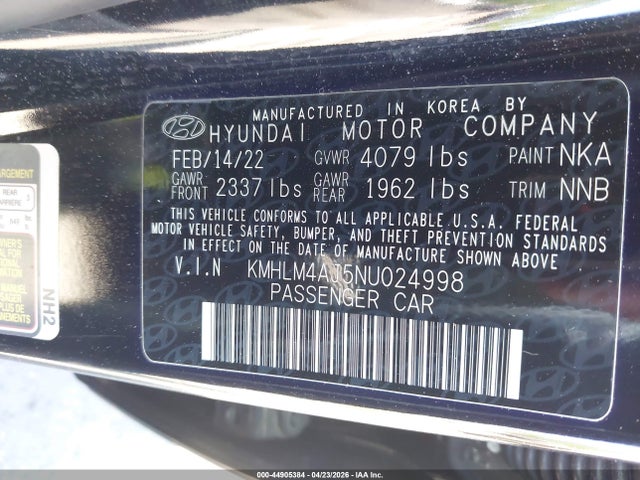Aukcja sprzedaży 2022 Hyundai Elantra Hybrid Blue, vin: KMHLM4AJ5NU024998, numer aukcji: 44905384