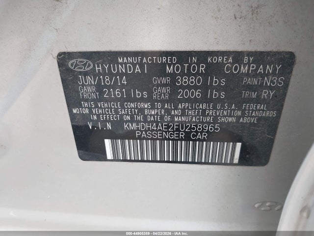 Aukcja sprzedaży 2015 Hyundai Elantra Se, vin: KMHDH4AE2FU258965, numer aukcji: 44905389