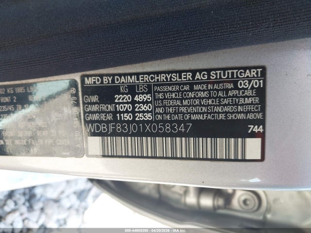 Aukcja sprzedaży 2001 Mercedes-benz E 430 4m, vin: WDBJF83J01X058347, numer aukcji: 44905390