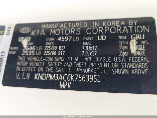 Продажа на аукционе авто 2019 Kia Sportage Lx, vin: KNDPM3AC6K7563951, номер лота: 44905400
