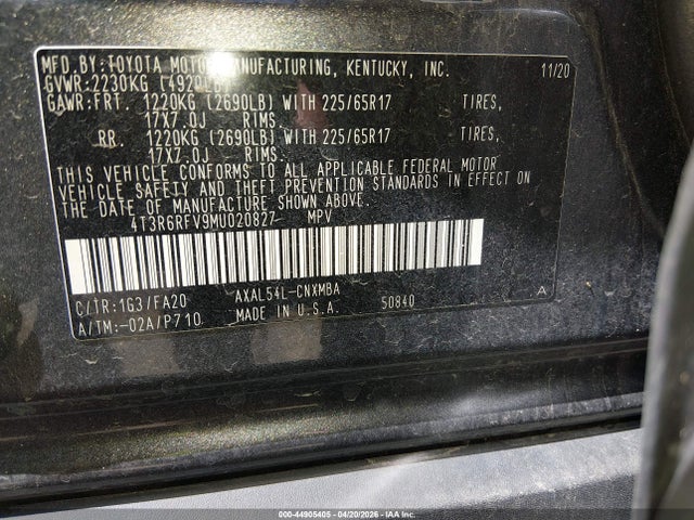 2021 Toyota Rav4 Hybrid Xle მანქანა იყიდება აუქციონზე, vin: 4T3R6RFV9MU020827, აუქციონის ნომერი: 44905405