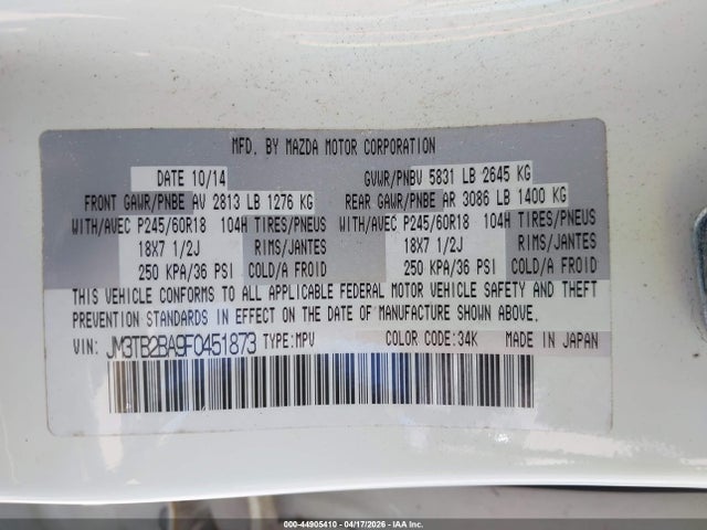 44905410 :رقم المزاد ، JM3TB2BA9F0451873 vin ، 2015 Mazda Cx-9 Sport مزاد بيع