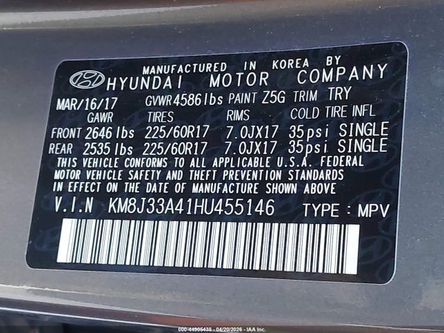 Aukcja sprzedaży 2017 Hyundai Tucson Se Plus, vin: KM8J33A41HU455146, numer aukcji: 44905438