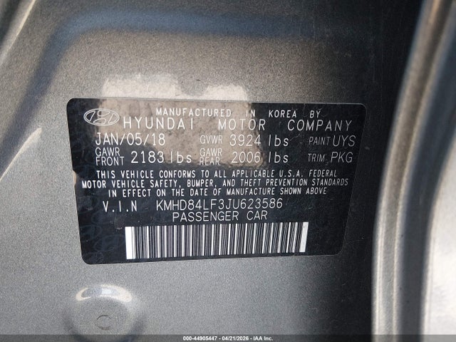 44905447 :رقم المزاد ، KMHD84LF3JU623586 vin ، 2018 Hyundai Elantra Sel مزاد بيع