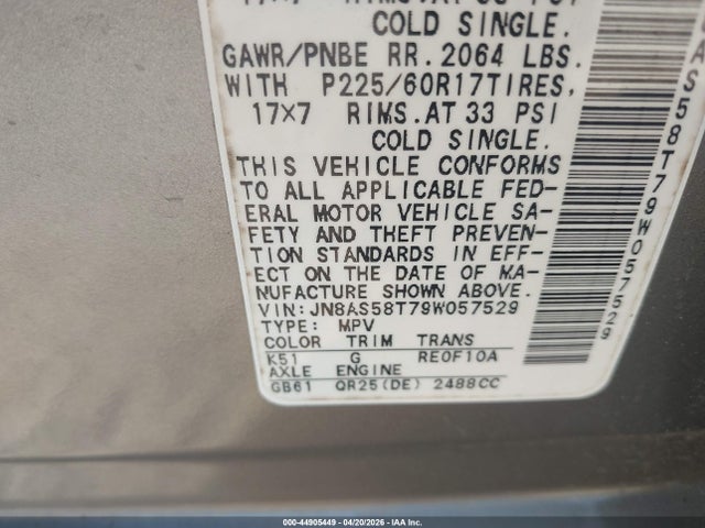 2009 Nissan Rogue Sl მანქანა იყიდება აუქციონზე, vin: JN8AS58T79W057529, აუქციონის ნომერი: 44905449