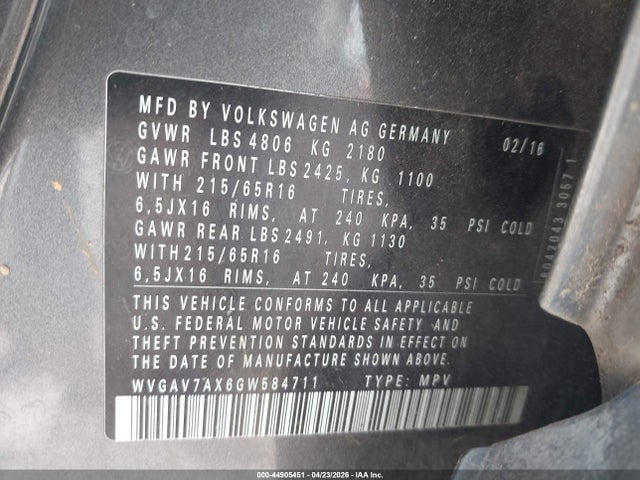 Продаж на аукціоні авто 2016 Volkswagen Tiguan S, vin: WVGAV7AX6GW584711, номер лоту: 44905451