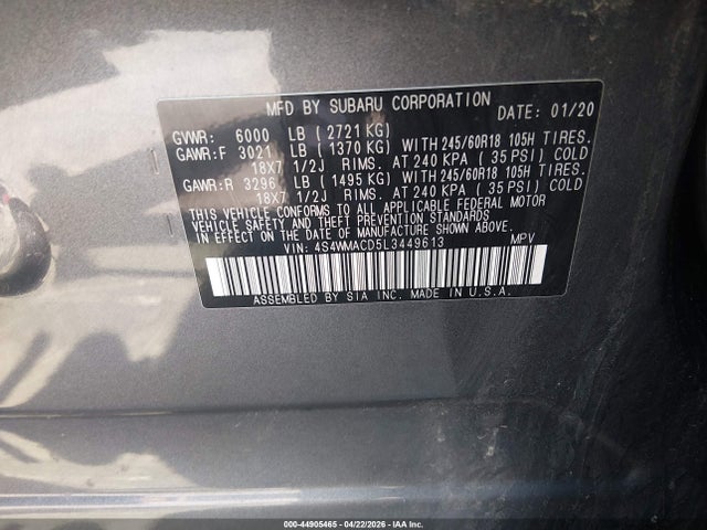 Aukcja sprzedaży 2020 Subaru Ascent Premium, vin: 4S4WMACD5L3449613, numer aukcji: 44905465