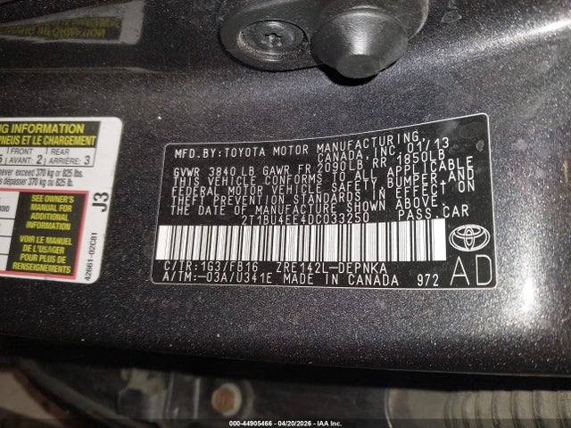 2013 Toyota Corolla Le მანქანა იყიდება აუქციონზე, vin: 2T1BU4EE4DC033250, აუქციონის ნომერი: 44905466