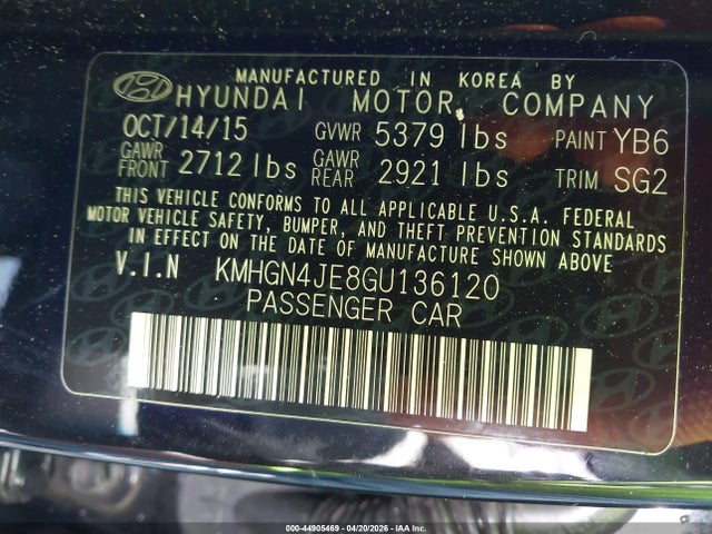 44905469 :رقم المزاد ، KMHGN4JE8GU136120 vin ، 2016 Hyundai Genesis 3.8 مزاد بيع
