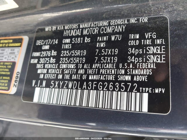 44905486 :رقم المزاد ، 5XYZWDLA3FG263572 vin ، 2015 Hyundai Santa Fe Sport 2.0l Turbo مزاد بيع