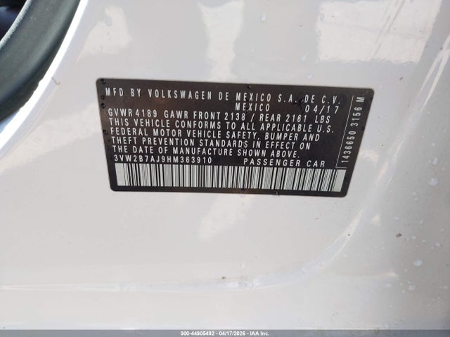 44905492 :رقم المزاد ، 3VW2B7AJ9HM363910 vin ، 2017 Volkswagen Jetta 1.4t S مزاد بيع
