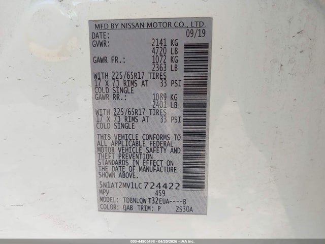 5N1AT2MV1LC724422 Nissan Rogue Sv Intelligent Awd