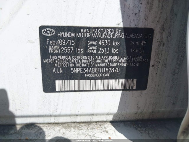 2015 Hyundai Sonata Sport 2.0t მანქანა იყიდება აუქციონზე, vin: 5NPE34AB6FH182870, აუქციონის ნომერი: 44905519