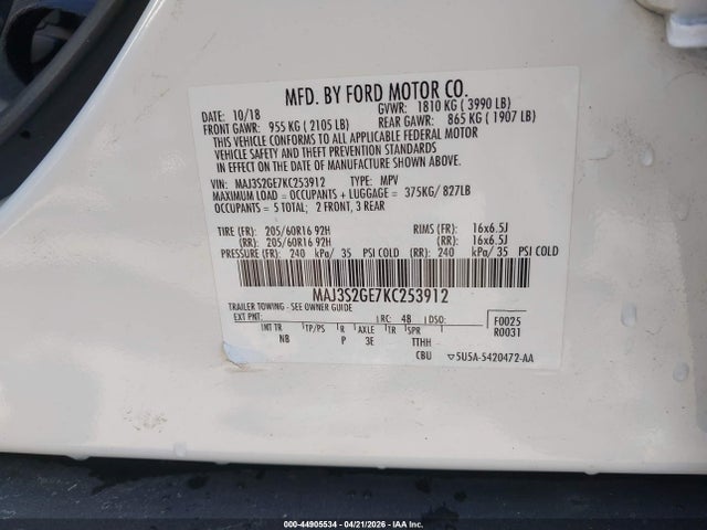 Aukcja sprzedaży 2019 Ford Ecosport Se, vin: MAJ3S2GE7KC253912, numer aukcji: 44905534