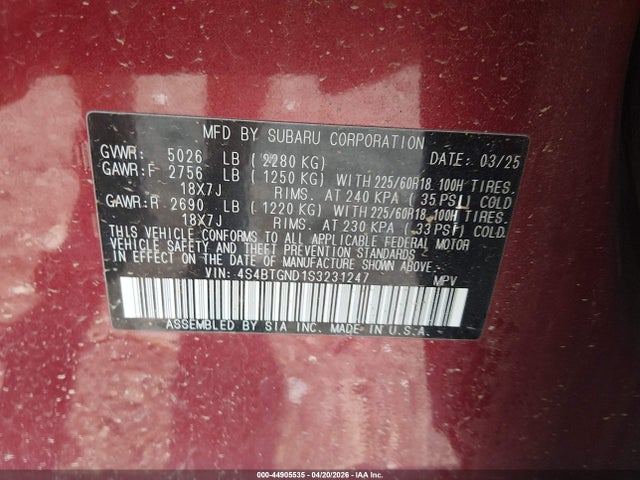 Продажа на аукционе авто 2025 Subaru Outback Limited Xt, vin: 4S4BTGND1S3231247, номер лота: 44905535