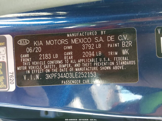 Aukcja sprzedaży 2020 Kia Forte Gt-line, vin: 3KPF34AD3LE252153, numer aukcji: 44905538