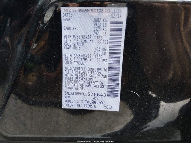 Aukcja sprzedaży 2014 Infiniti Qx60, vin: 5N1AL0MN3EC526643, numer aukcji: 44905540