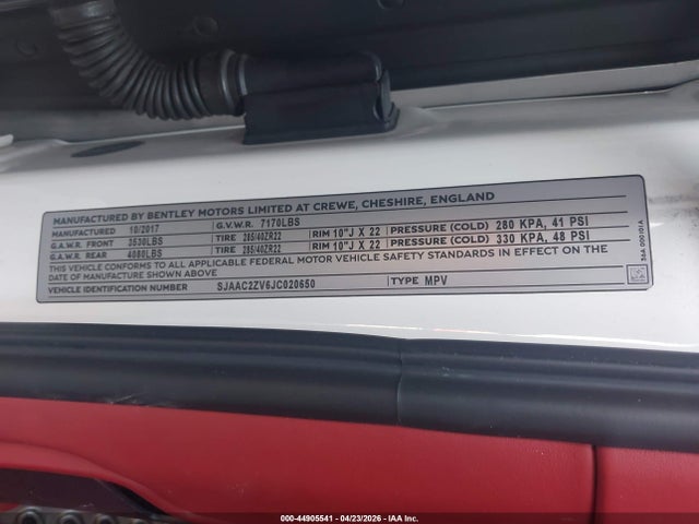 44905541 :رقم المزاد ، SJAAC2ZV6JC020650 vin ، 2018 Bentley Bentayga Activity Edition/black Edition/mulliner/onyx Edition/w12 مزاد بيع