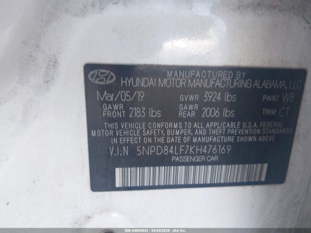 Aukcja sprzedaży 2019 Hyundai Elantra Value Edition, vin: 5NPD84LF7KH476169, numer aukcji: 44905542