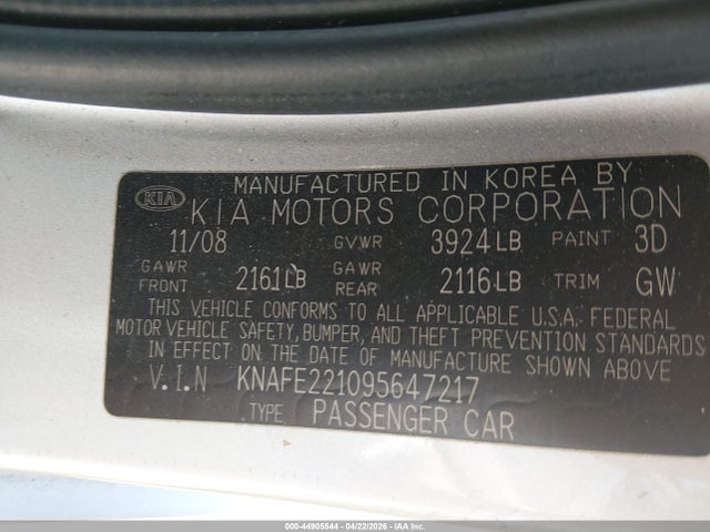 Aukcja sprzedaży 2009 Kia Spectra Ex, vin: KNAFE221095647217, numer aukcji: 44905544