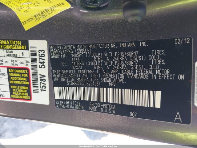 Продаж на аукціоні авто 2012 Toyota Sienna Le V6 8 Passenger, vin: 5TDKK3DC2CS234957, номер лоту: 44905557