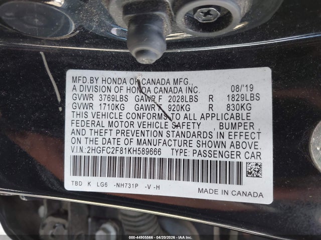 Aukcja sprzedaży 2019 Honda Civic Sport, vin: 2HGFC2F81KH589666, numer aukcji: 44905566