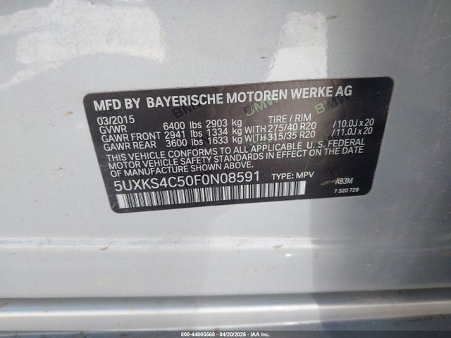 44905568 :رقم المزاد ، 5UXKS4C50F0N08591 vin ، 2015 Bmw X5 Xdrive35d مزاد بيع
