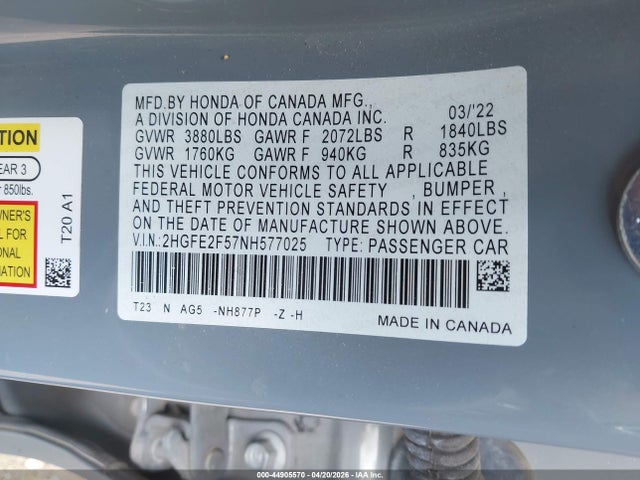 Продаж на аукціоні авто 2022 Honda Civic Sport, vin: 2HGFE2F57NH577025, номер лоту: 44905570