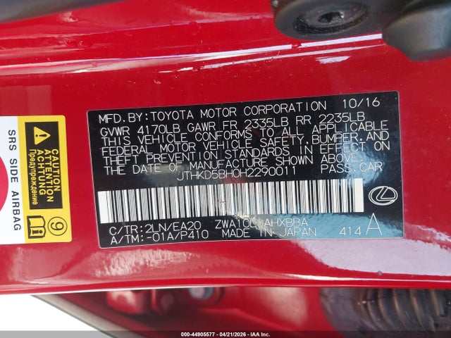 44905577 :رقم المزاد ، JTHKD5BH0H2290011 vin ، 2017 Lexus Ct Ct 200h F Sport مزاد بيع