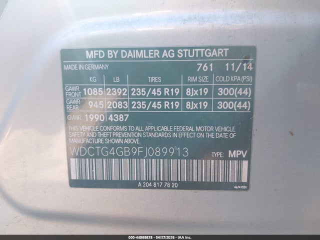 Продаж на аукціоні авто 2015 Mercedes-benz Gla 250 4matic, vin: WDCTG4GB9FJ089913, номер лоту: 44905578