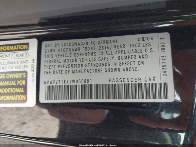 Продажа на аукционе авто 2007 Volkswagen Gti 2-door, vin: WVWFV71KX7W055891, номер лота: 44905586