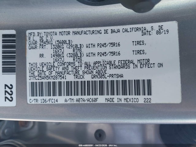 Aukcja sprzedaży 2019 Toyota Tacoma Sr5 V6, vin: 3TMCZ5AN5KM287541, numer aukcji: 44905591